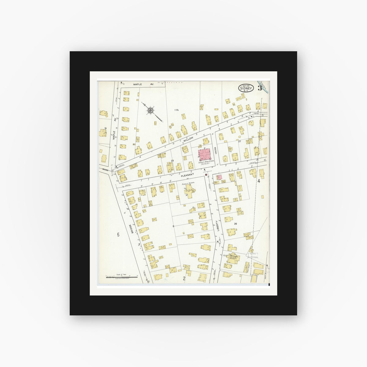Old map wall art mockup — black gallery frame with white mat — Sanborn Fire Insurance Map from Sidney, Delaware County, New York (1917), Sheet #0003