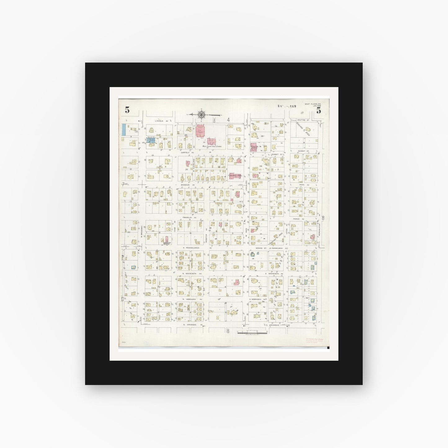 Old map wall art mockup — black gallery frame with white mat — Sanborn Fire Insurance Map from West Plains, Howell County, Missouri (1948), Sheet #0005