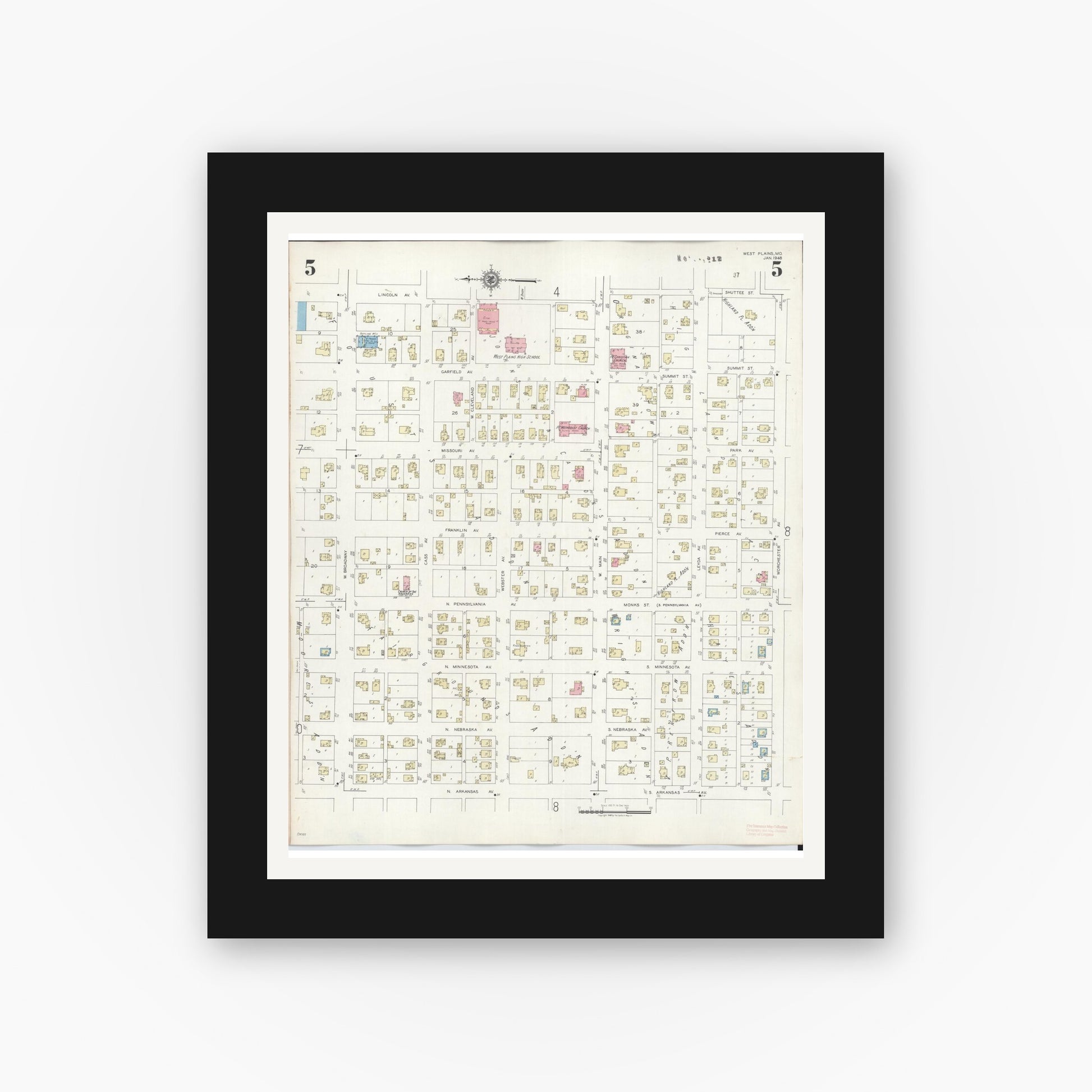 Old map wall art mockup — black gallery frame with white mat — Sanborn Fire Insurance Map from West Plains, Howell County, Missouri (1948), Sheet #0005