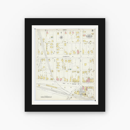 Old map wall art mockup — black gallery frame with white mat — Sanborn Fire Insurance Map from Cambridge, Guernsey County, Ohio (1897), Sheet #0003