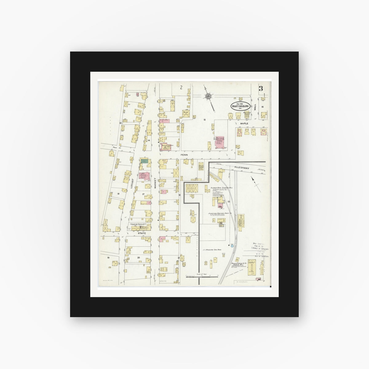 Old map wall art mockup — black gallery frame with white mat — Sanborn Fire Insurance Map from Martinsburg, Blair County, Pennsylvania (1910), Sheet #0003