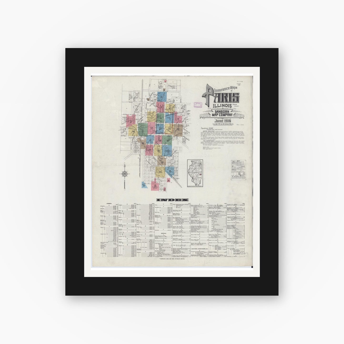 Old map wall art mockup — black gallery frame with white mat — Sanborn Fire Insurance Map from Paris, Edgar County, Illinois (1916) - Complete Map Set