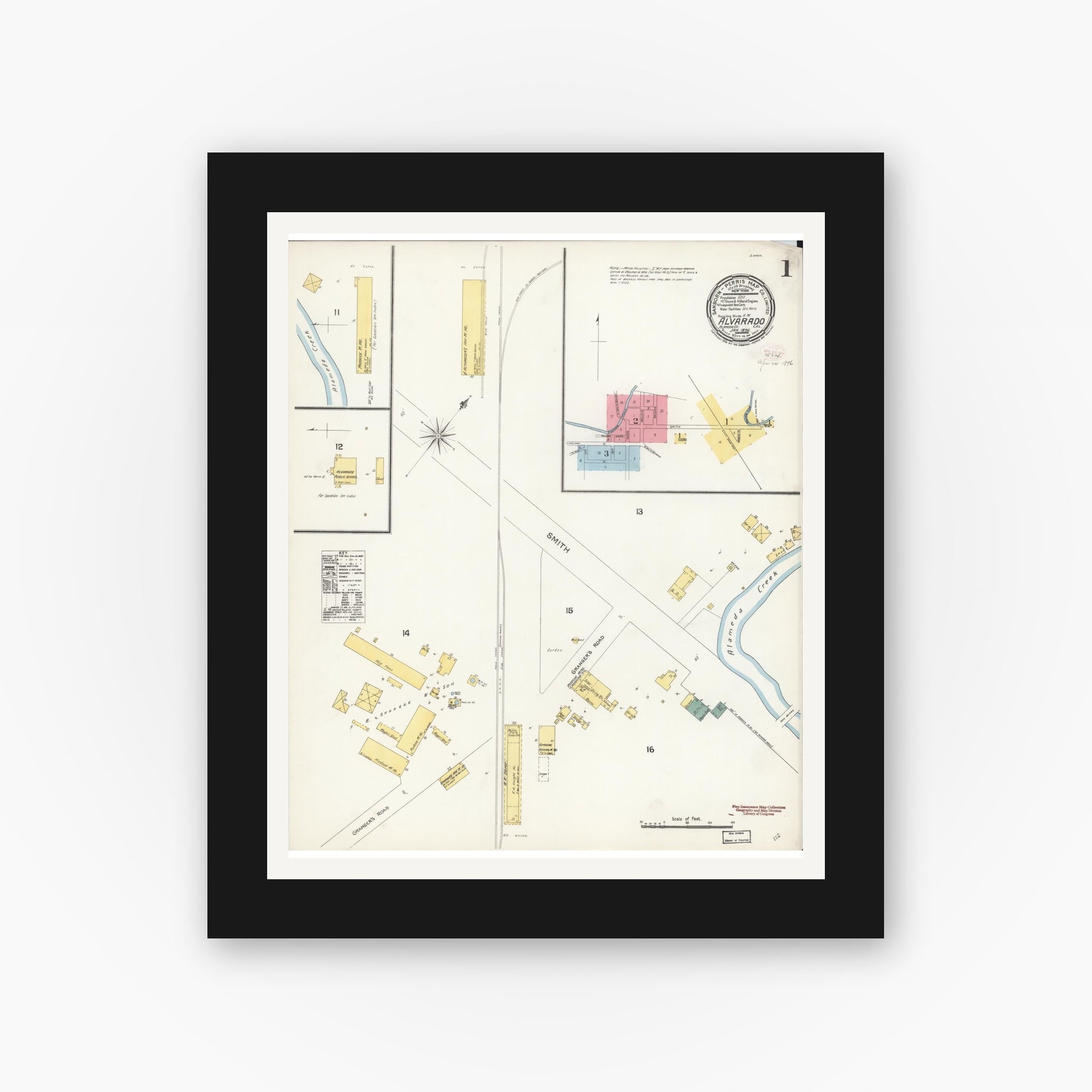 Old map wall art mockup — black gallery frame with white mat — Sanborn Fire Insurance Map from Alvarado, Alameda County, California (1896), Sheet #0001