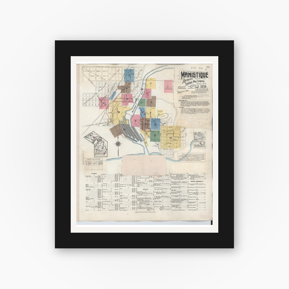 Old map wall art mockup — black gallery frame with white mat — Sanborn Fire Insurance Map from Manistique, Schoolcraft County, Michigan (1950), Sheet #0001