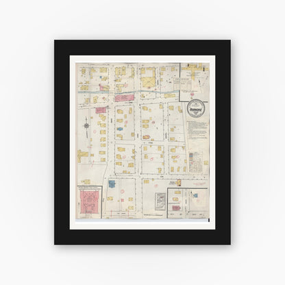 Old map wall art mockup — black gallery frame with white mat — Sanborn Fire Insurance Map from Roanoke, Huntington County, Indiana (1933) - Complete Map Set