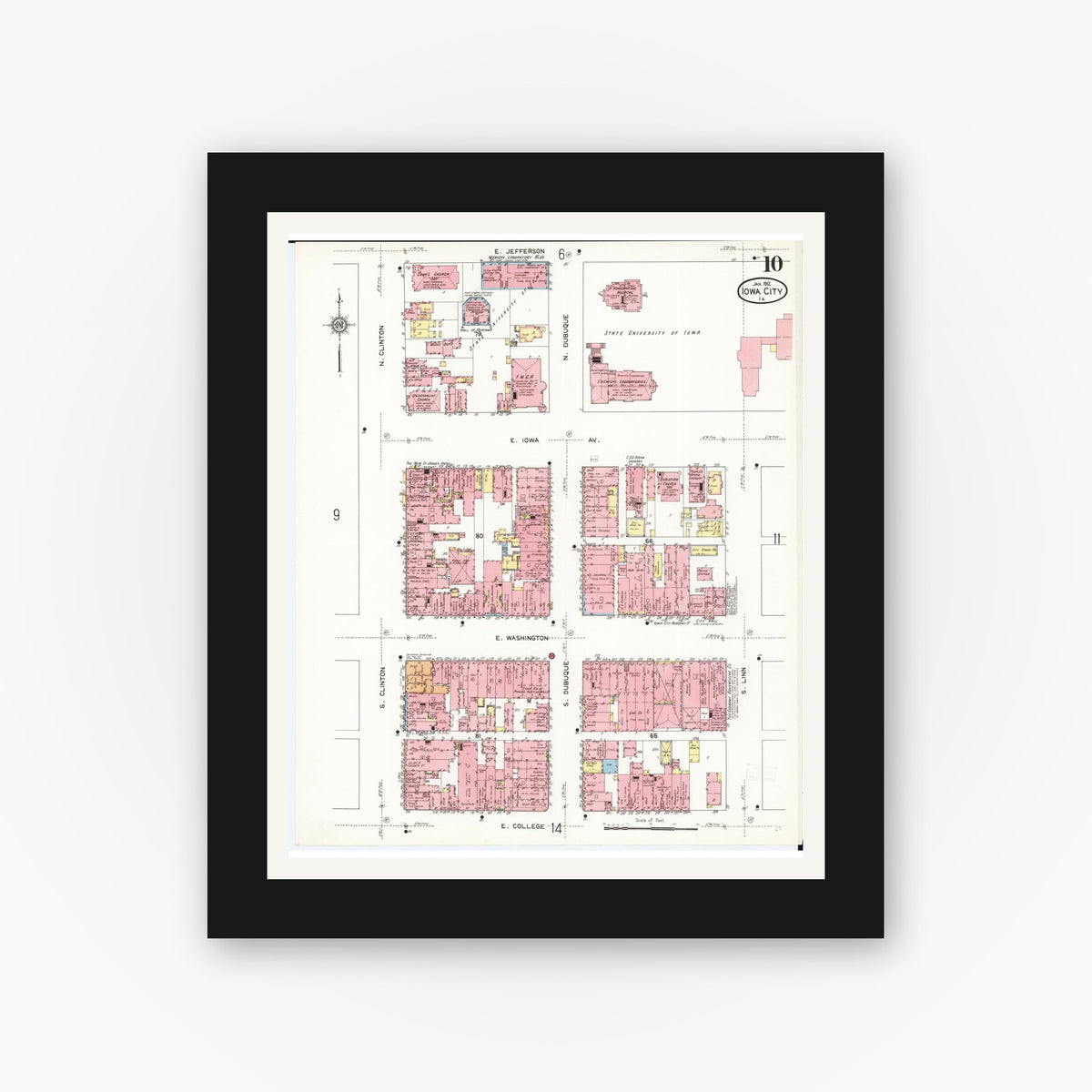 Old map wall art mockup — black gallery frame with white mat — Sanborn Fire Insurance Map from Iowa City, Johnson County, Iowa (1912), Sheet #0010