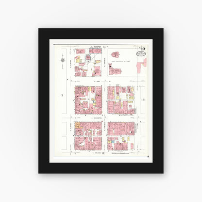 Old map wall art mockup — black gallery frame with white mat — Sanborn Fire Insurance Map from Iowa City, Johnson County, Iowa (1912), Sheet #0010