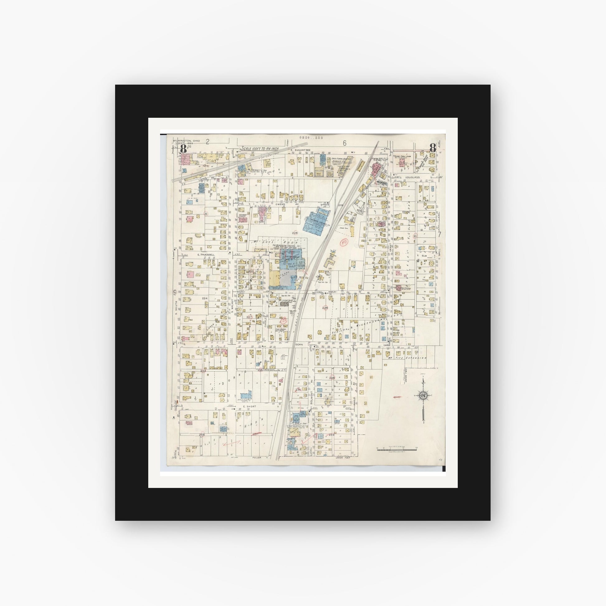 Old map wall art mockup — black gallery frame with white mat — Sanborn Fire Insurance Map from Wilmington, Clinton County, Ohio (1949), Sheet #0008