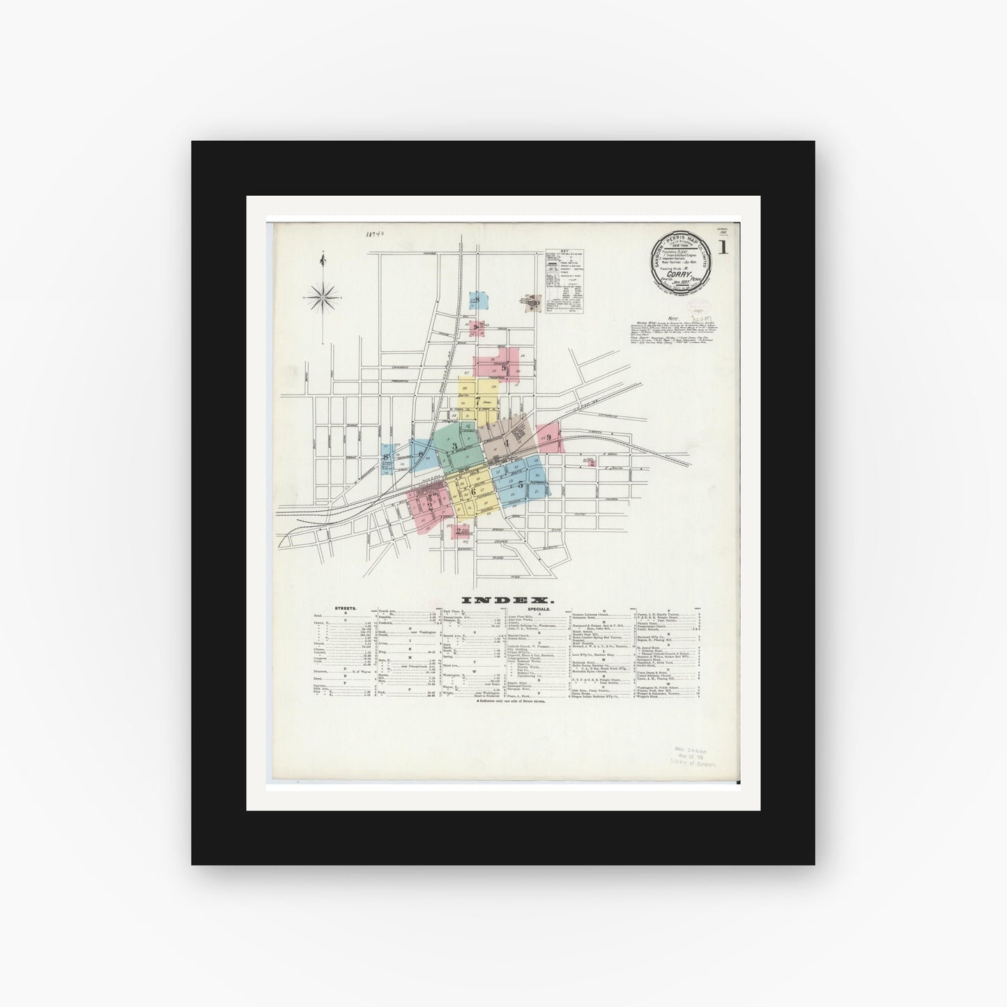 Old map wall art mockup — black gallery frame with white mat — Sanborn Fire Insurance Map from Corry, Erie County, Pennsylvania (1897) - Complete Map Set