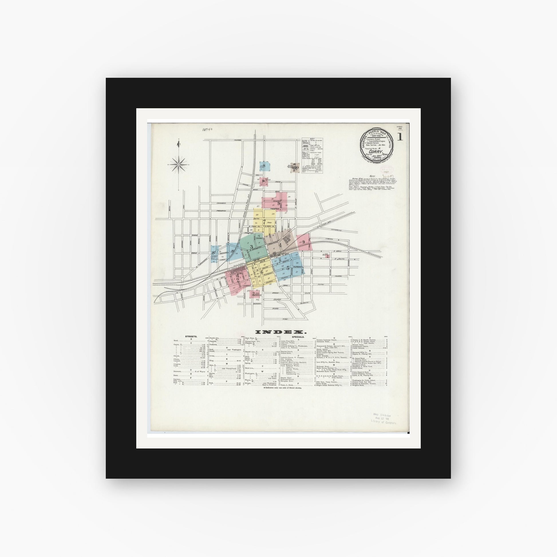 Old map wall art mockup — black gallery frame with white mat — Sanborn Fire Insurance Map from Corry, Erie County, Pennsylvania (1897) - Complete Map Set