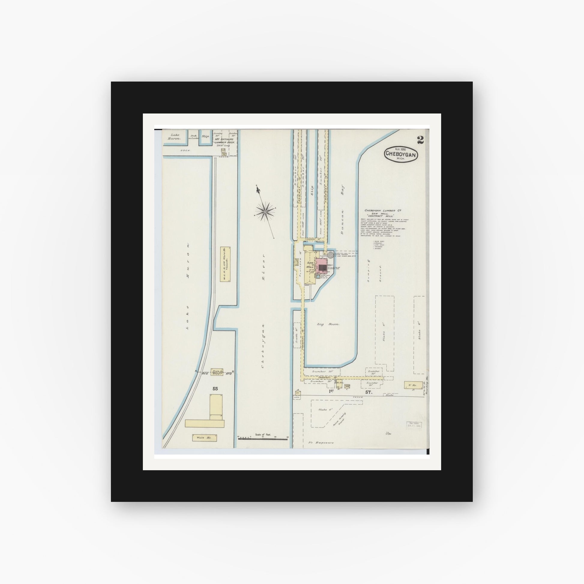 Old map wall art mockup — black gallery frame with white mat — Sanborn Fire Insurance Map from Cheboygan, Cheboygan County, Michigan (1890), Sheet #0002