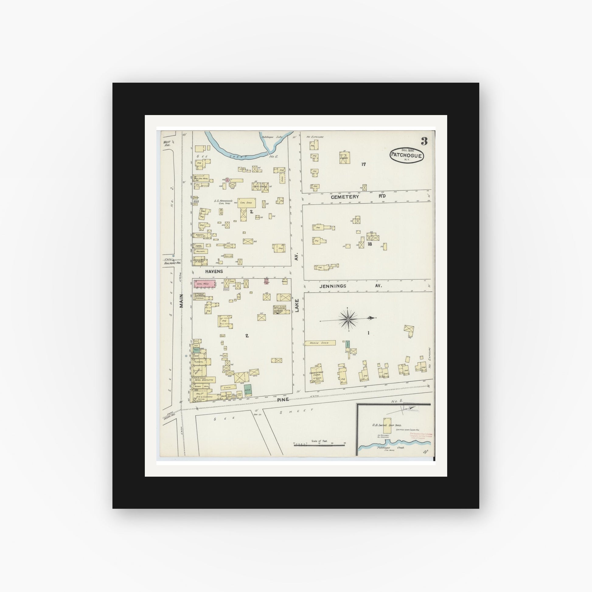 Old map wall art mockup — black gallery frame with white mat — Sanborn Fire Insurance Map from Patchogue, Suffolk County, New York (1891), Sheet #0003