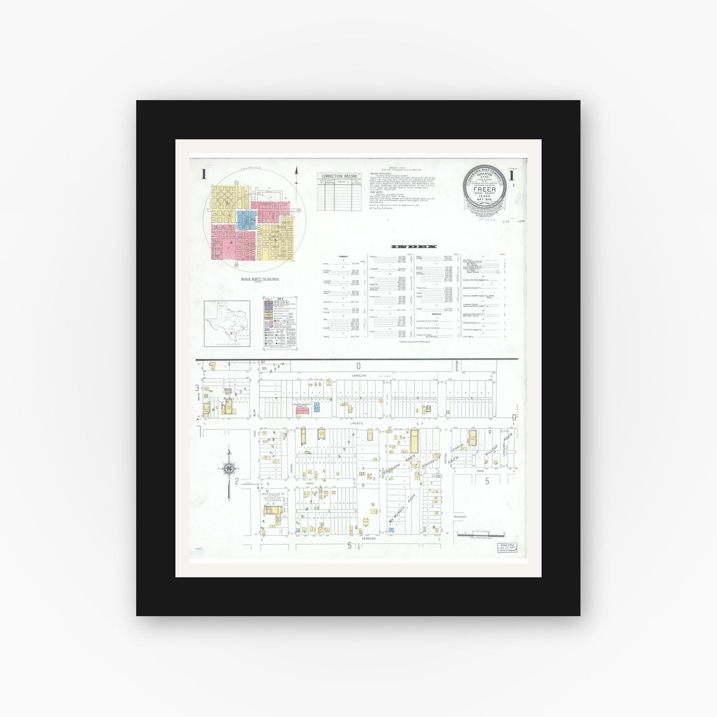 Old map wall art mockup — black gallery frame with white mat — Sanborn Fire Insurance Map from Freer, Duval County, Texas (1948) - Complete Map Set