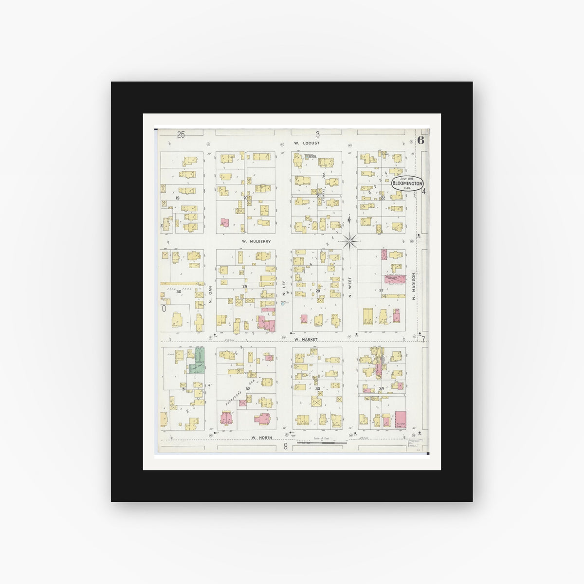 Old map wall art mockup — black gallery frame with white mat — Sanborn Fire Insurance Map from Bloomington, McLean County, Illinois (1896), Sheet #0006