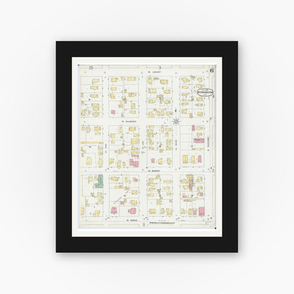 Old map wall art mockup — black gallery frame with white mat — Sanborn Fire Insurance Map from Bloomington, McLean County, Illinois (1896), Sheet #0006