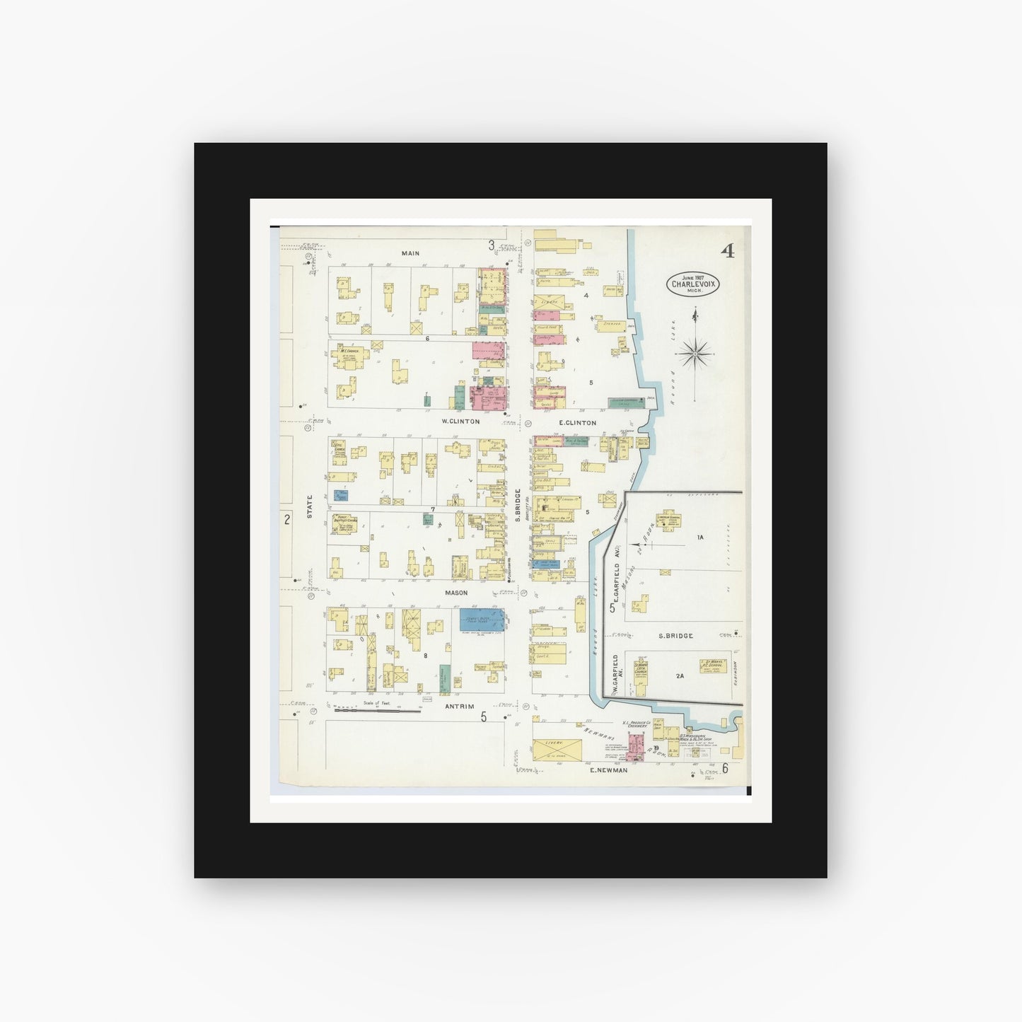 Old map wall art mockup — black gallery frame with white mat — Sanborn Fire Insurance Map from Charlevoix, Charlevoix County, Michigan (1907), Sheet #0004