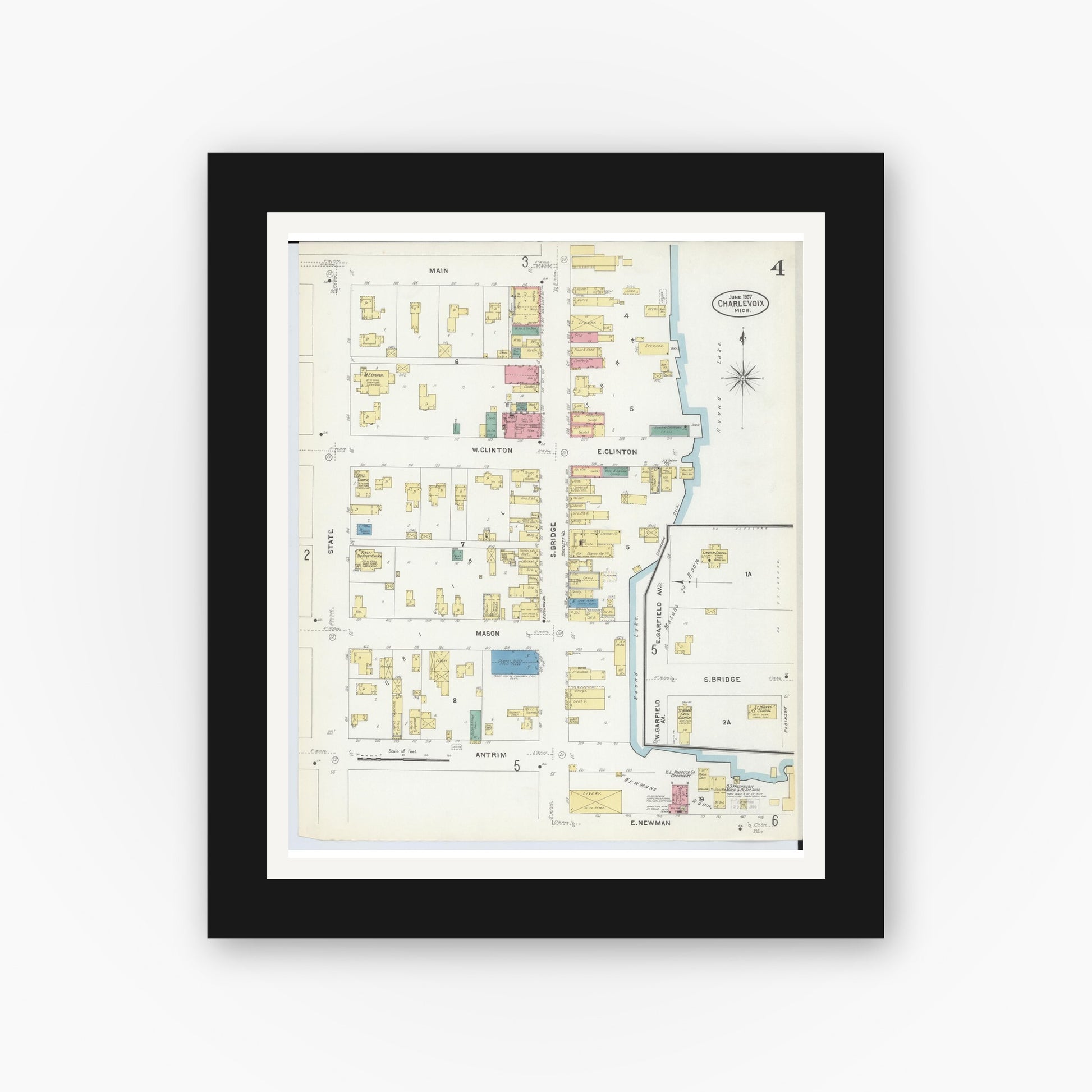 Old map wall art mockup — black gallery frame with white mat — Sanborn Fire Insurance Map from Charlevoix, Charlevoix County, Michigan (1907), Sheet #0004