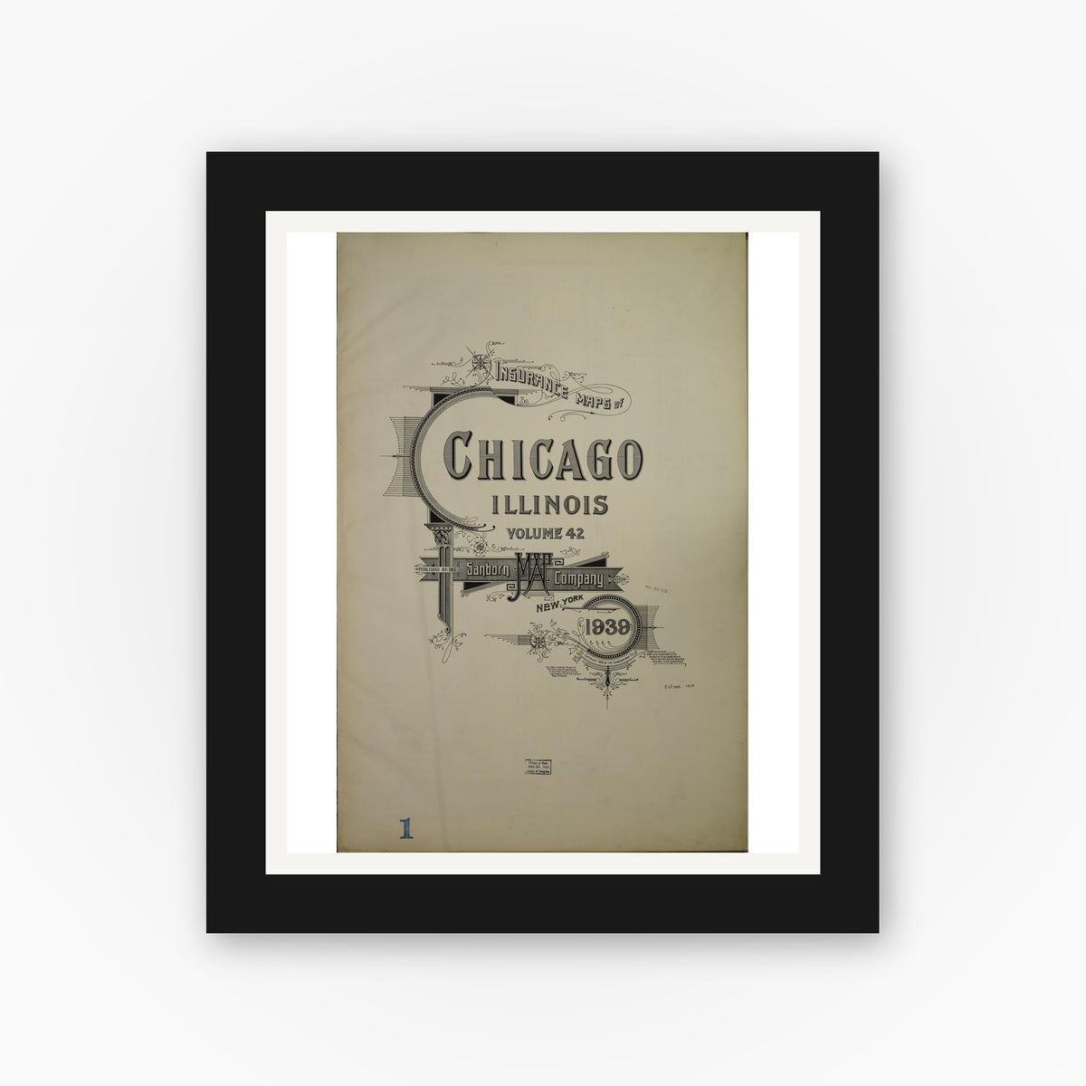 Old map wall art mockup — black gallery frame with white mat — Sanborn Fire Insurance Map from Chicago, Cook County, Illinois (1939), Sheet #0001