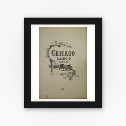 Old map wall art mockup — black gallery frame with white mat — Sanborn Fire Insurance Map from Chicago, Cook County, Illinois (1939), Sheet #0001