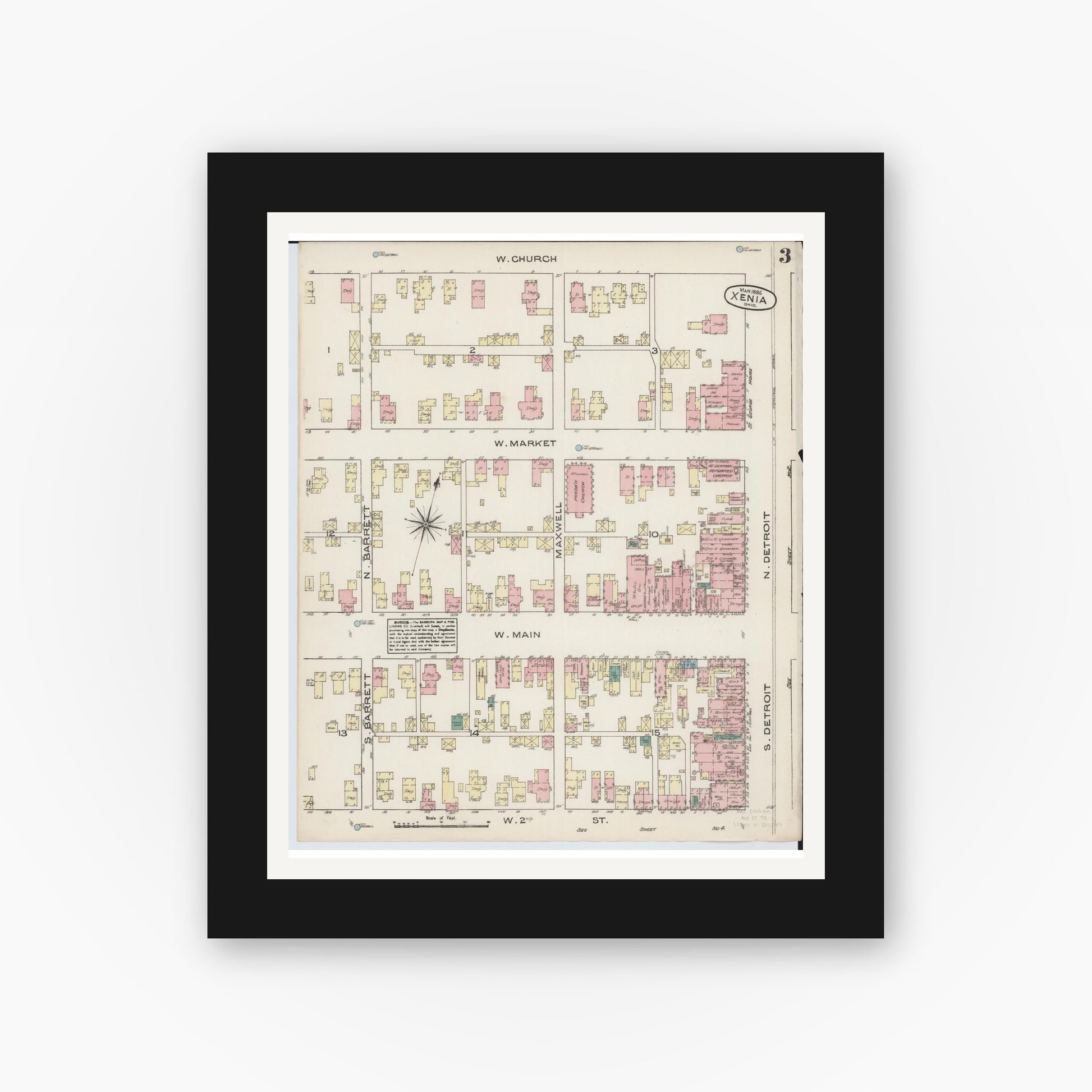 Old map wall art mockup — black gallery frame with white mat — Sanborn Fire Insurance Map from Xenia, Greene County, Ohio (1885), Sheet #0003