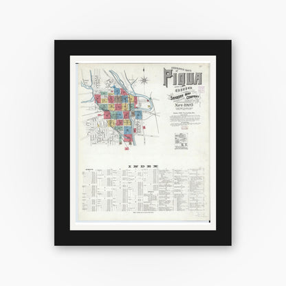 Old map wall art mockup — black gallery frame with white mat — Sanborn Fire Insurance Map from Piqua, Miami County, Ohio (1905), Sheet #0001