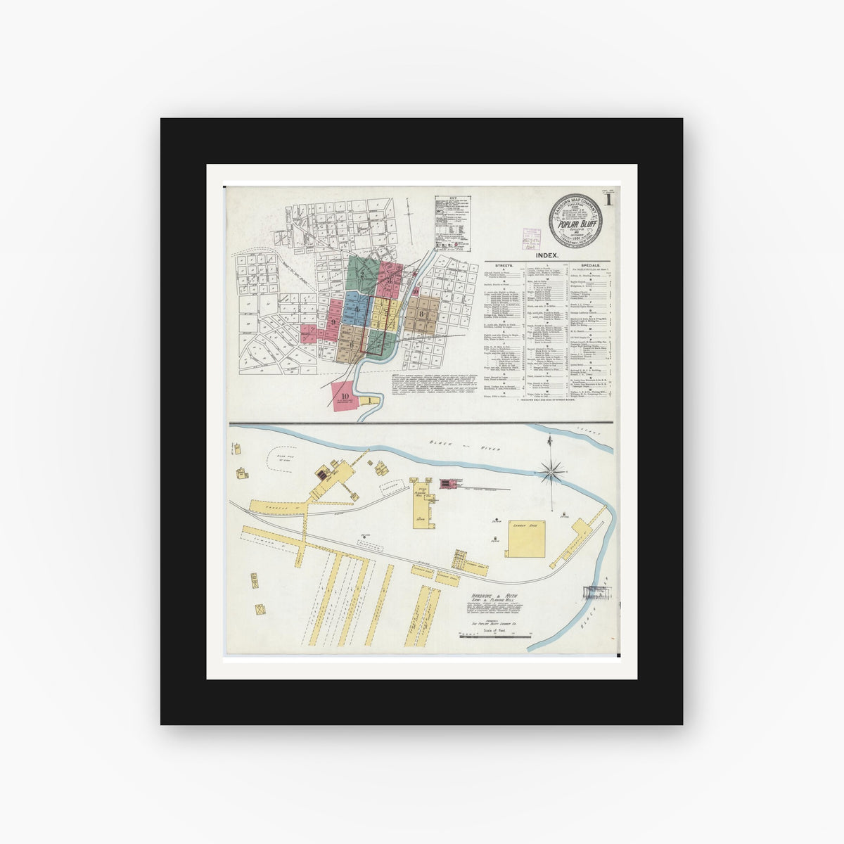 Old map wall art mockup — black gallery frame with white mat — Sanborn Fire Insurance Map from Poplar Bluff, Butler County, Missouri (1901) - Complete Map Set