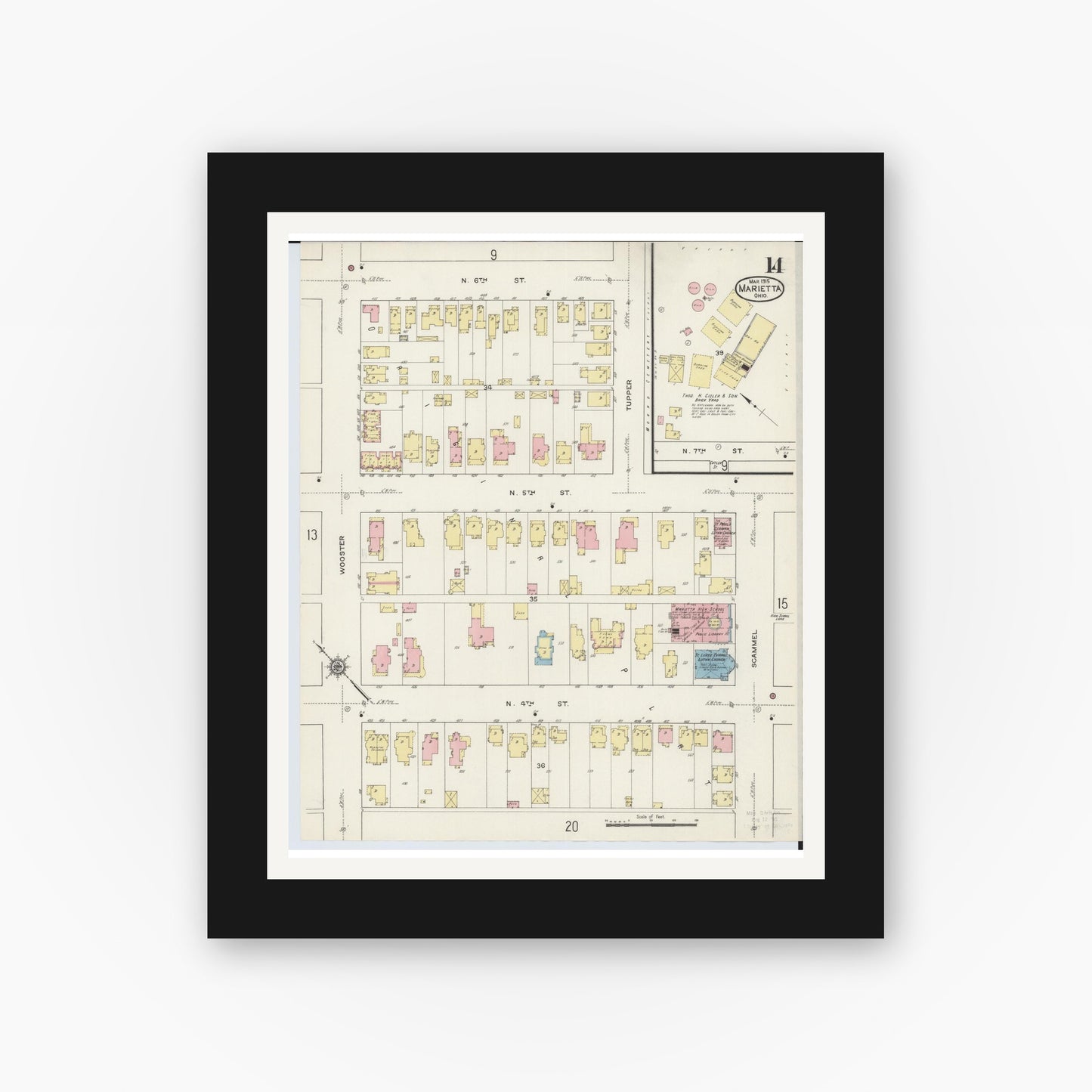 Old map wall art mockup — black gallery frame with white mat — Sanborn Fire Insurance Map from Marietta, Washington County, Ohio (1915), Sheet #0014