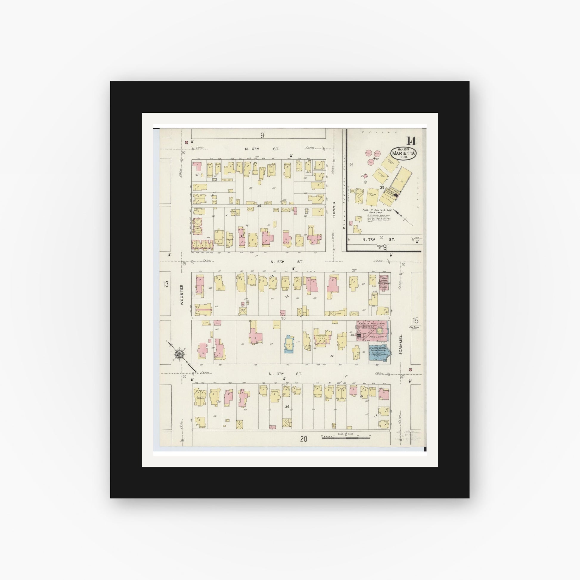 Old map wall art mockup — black gallery frame with white mat — Sanborn Fire Insurance Map from Marietta, Washington County, Ohio (1915), Sheet #0014