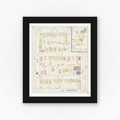 Old map wall art mockup — black gallery frame with white mat — Sanborn Fire Insurance Map from Marietta, Washington County, Ohio (1915), Sheet #0014
