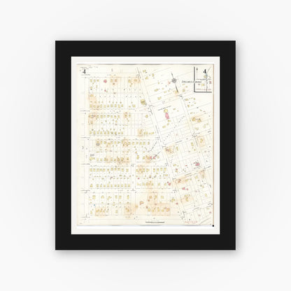 Old map wall art mockup — black gallery frame with white mat — Sanborn Fire Insurance Map from Sheldon, O'Brien County, Iowa (1948), Sheet #0004