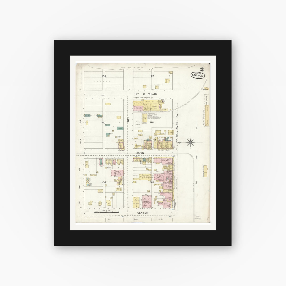 Old map wall art mockup — black gallery frame with white mat — Sanborn Fire Insurance Map from Colton, San Bernardino County, California (1888), Sheet #0002