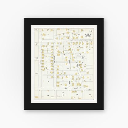 Old map wall art mockup — black gallery frame with white mat — Sanborn Fire Insurance Map from Cleburne, Johnson County, Texas (1904), Sheet #0011