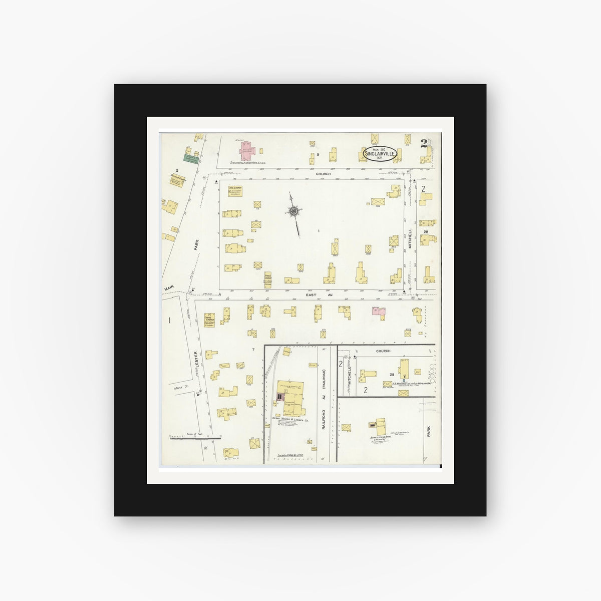 Old map wall art mockup — black gallery frame with white mat — Sanborn Fire Insurance Map from Sinclairville, Chautauqua County, New York (1910), Sheet #0002