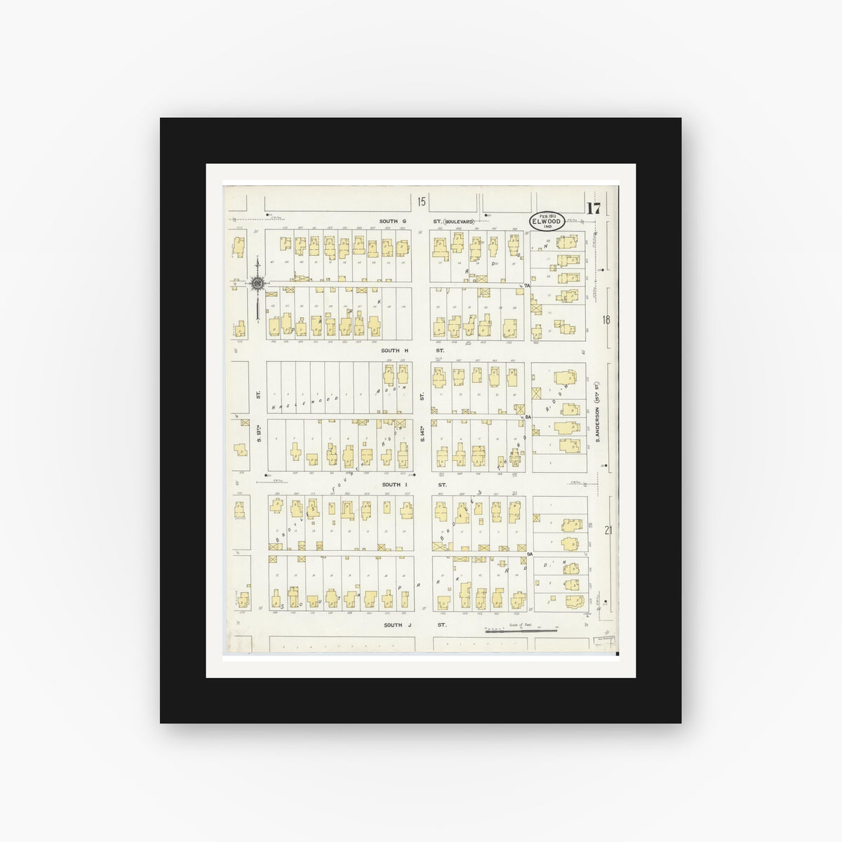 Old map wall art mockup — black gallery frame with white mat — Sanborn Fire Insurance Map from Elwood, Madison County, Indiana (1910), Sheet #0017