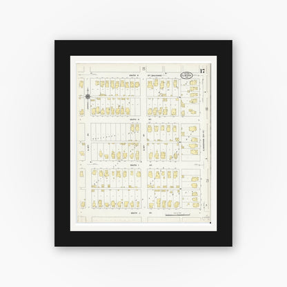Old map wall art mockup — black gallery frame with white mat — Sanborn Fire Insurance Map from Elwood, Madison County, Indiana (1910), Sheet #0017