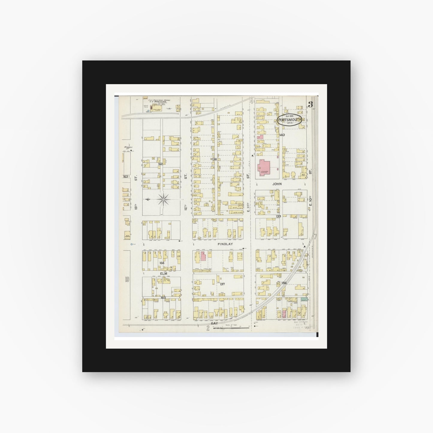 Old map wall art mockup — black gallery frame with white mat — Sanborn Fire Insurance Map from Portsmouth, Scioto County, Ohio (1892), Sheet #0003