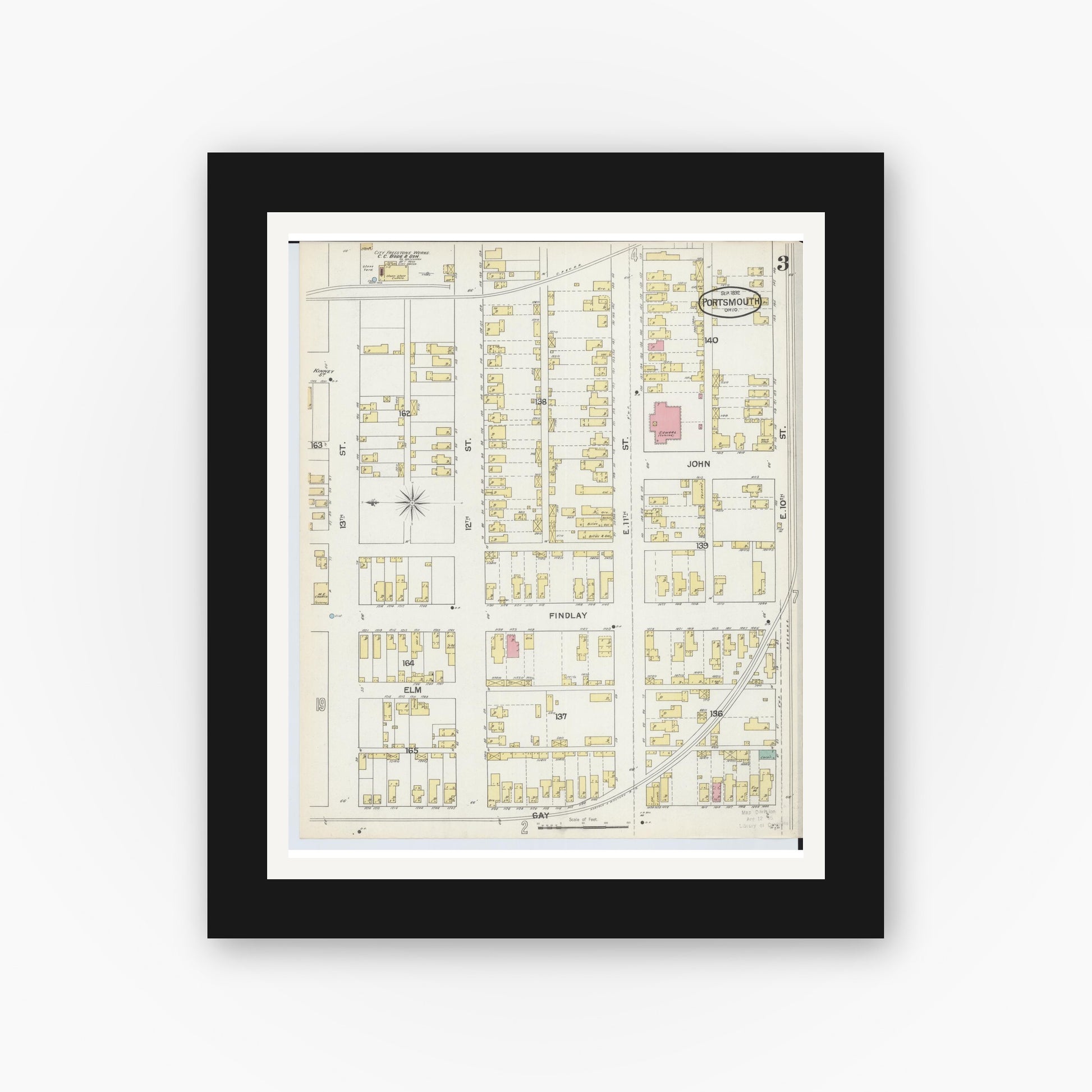 Old map wall art mockup — black gallery frame with white mat — Sanborn Fire Insurance Map from Portsmouth, Scioto County, Ohio (1892), Sheet #0003