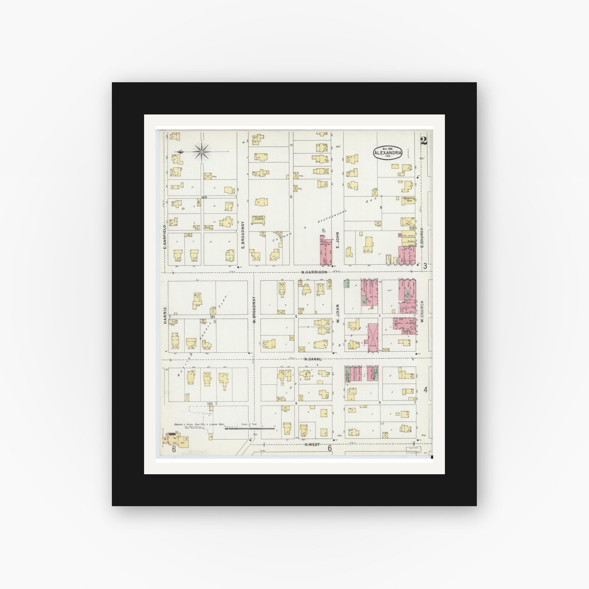 Old map wall art mockup — black gallery frame with white mat — Sanborn Fire Insurance Map from Alexandria, Madison County, Indiana (1896), Sheet #0002