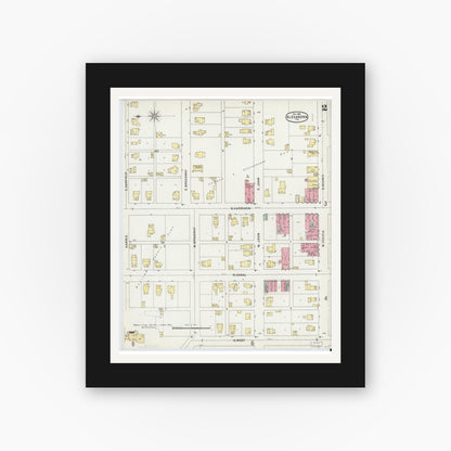 Old map wall art mockup — black gallery frame with white mat — Sanborn Fire Insurance Map from Alexandria, Madison County, Indiana (1896), Sheet #0002