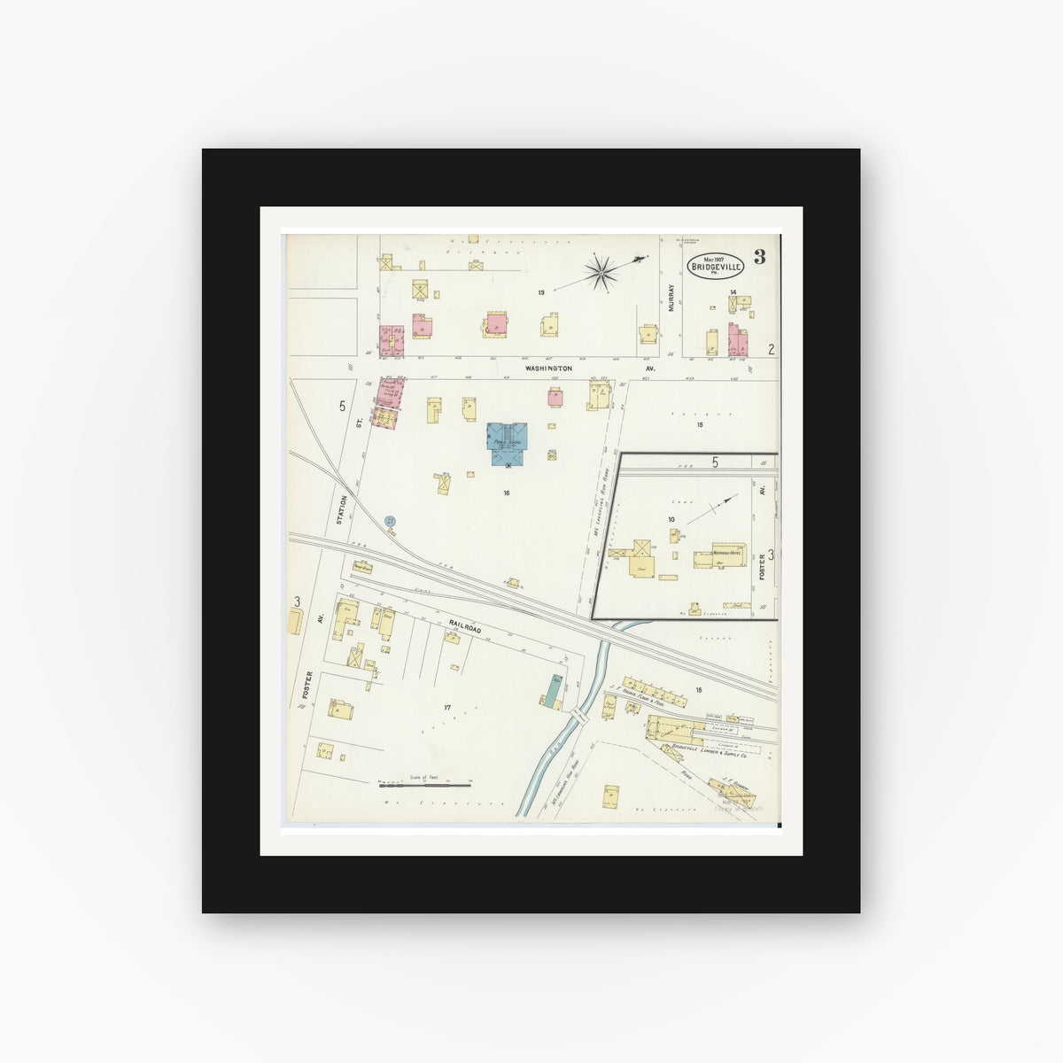 Old map wall art mockup — black gallery frame with white mat — Sanborn Fire Insurance Map from Bridgeville, Allegheny County, Pennsylvania (1907), Sheet #0003