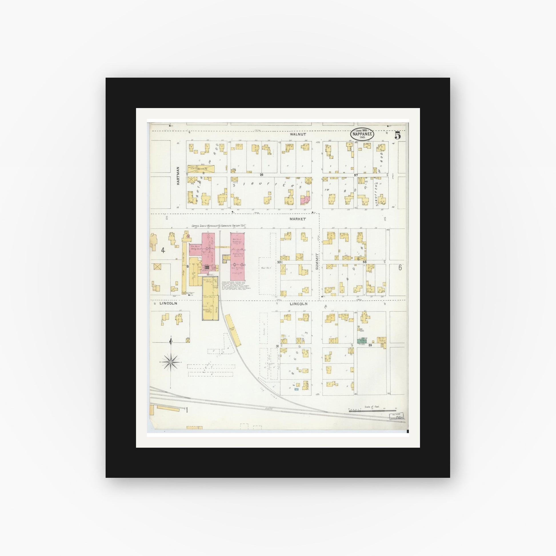 Old map wall art mockup — black gallery frame with white mat — Sanborn Fire Insurance Map from Nappanee, Elkhart County, Indiana (1905), Sheet #0005