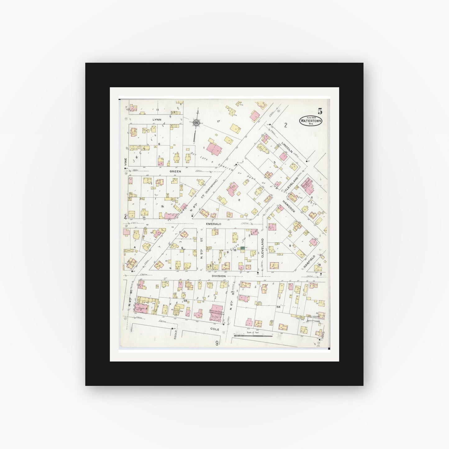 Old map wall art mockup — black gallery frame with white mat — Sanborn Fire Insurance Map from Watertown, Jefferson County, Wisconsin (1909), Sheet #0005