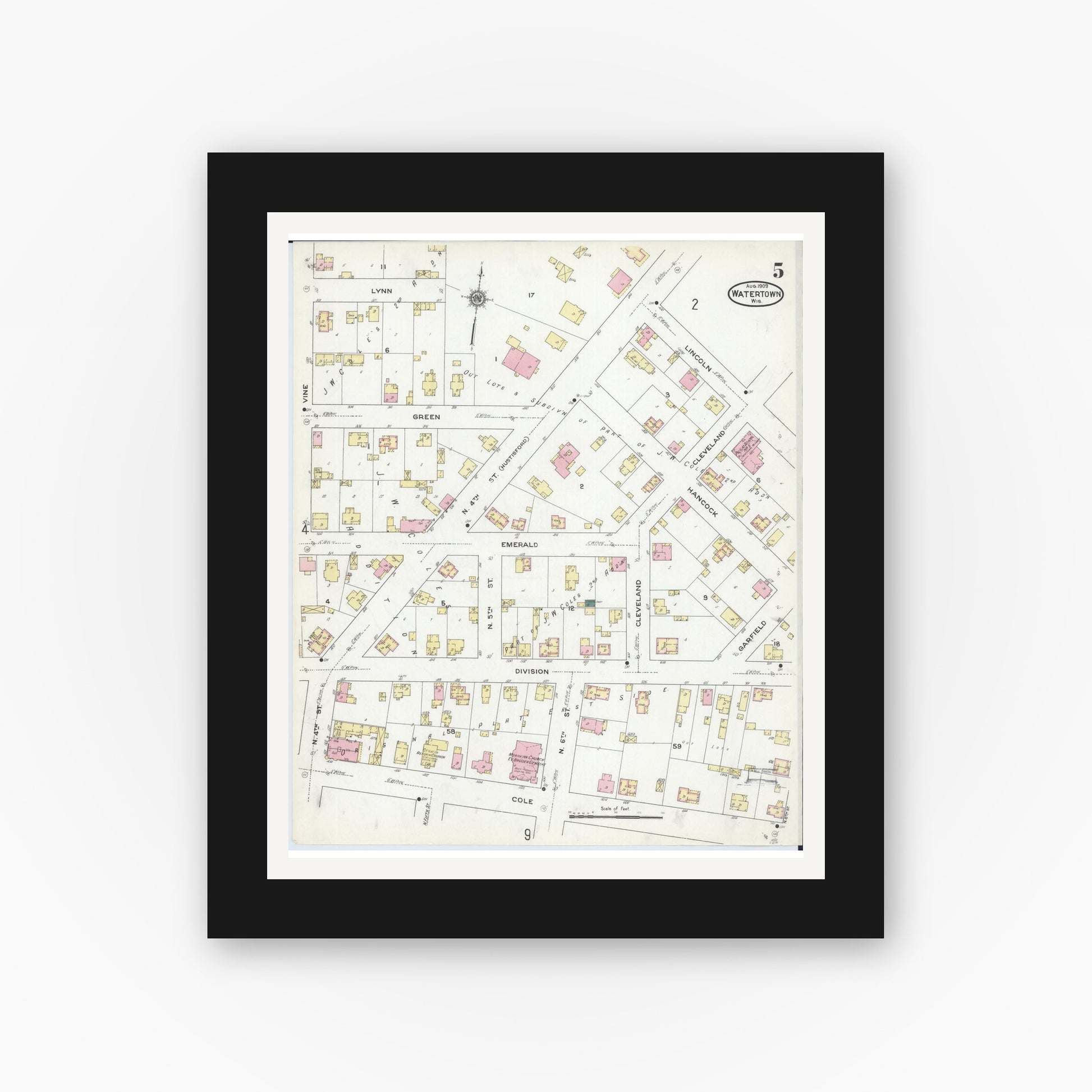 Old map wall art mockup — black gallery frame with white mat — Sanborn Fire Insurance Map from Watertown, Jefferson County, Wisconsin (1909), Sheet #0005