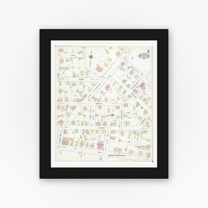 Old map wall art mockup — black gallery frame with white mat — Sanborn Fire Insurance Map from Watertown, Jefferson County, Wisconsin (1909), Sheet #0005