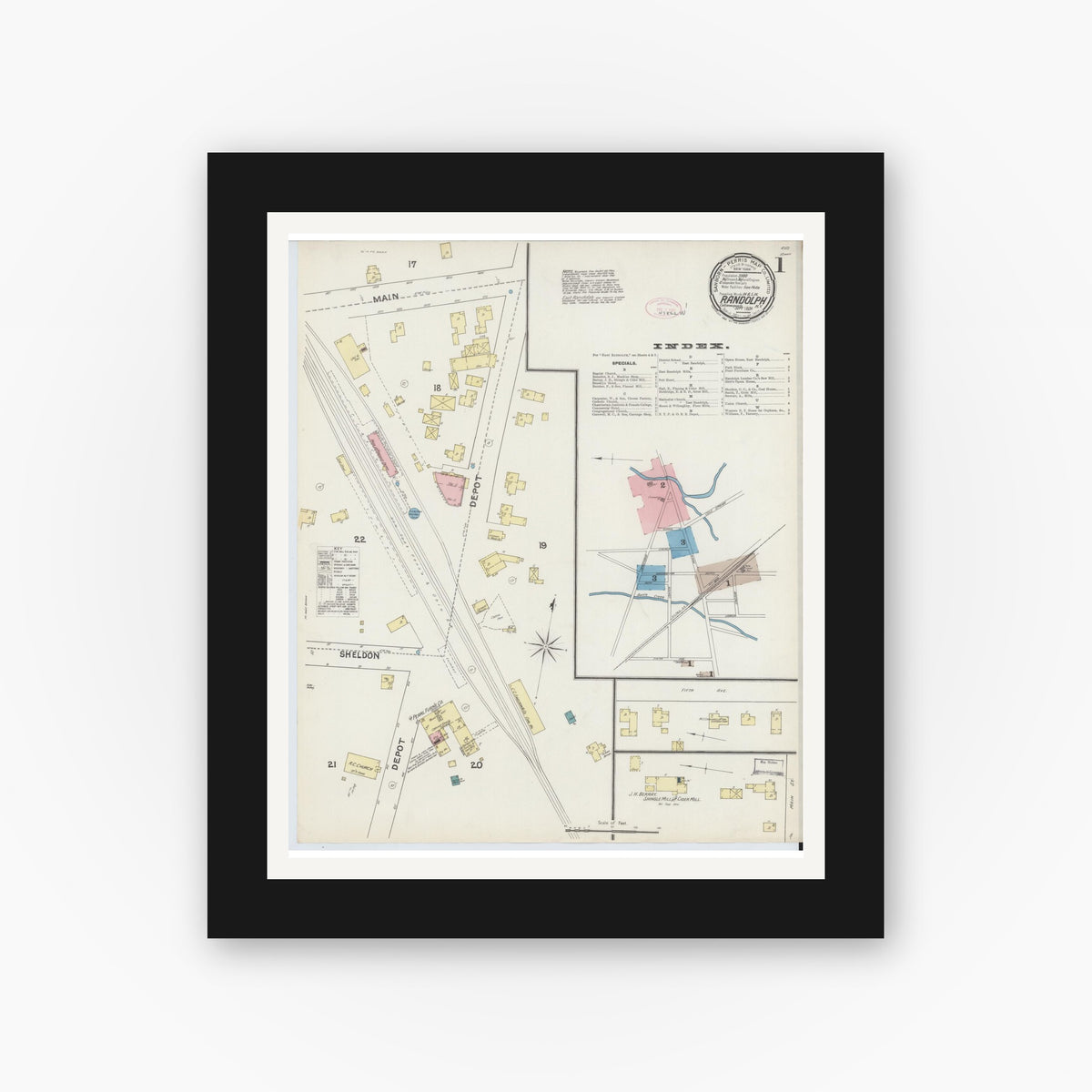 Old map wall art mockup — black gallery frame with white mat — Sanborn Fire Insurance Map from Randolph, Cattaraugus County, New York (1891) - Complete Map Set