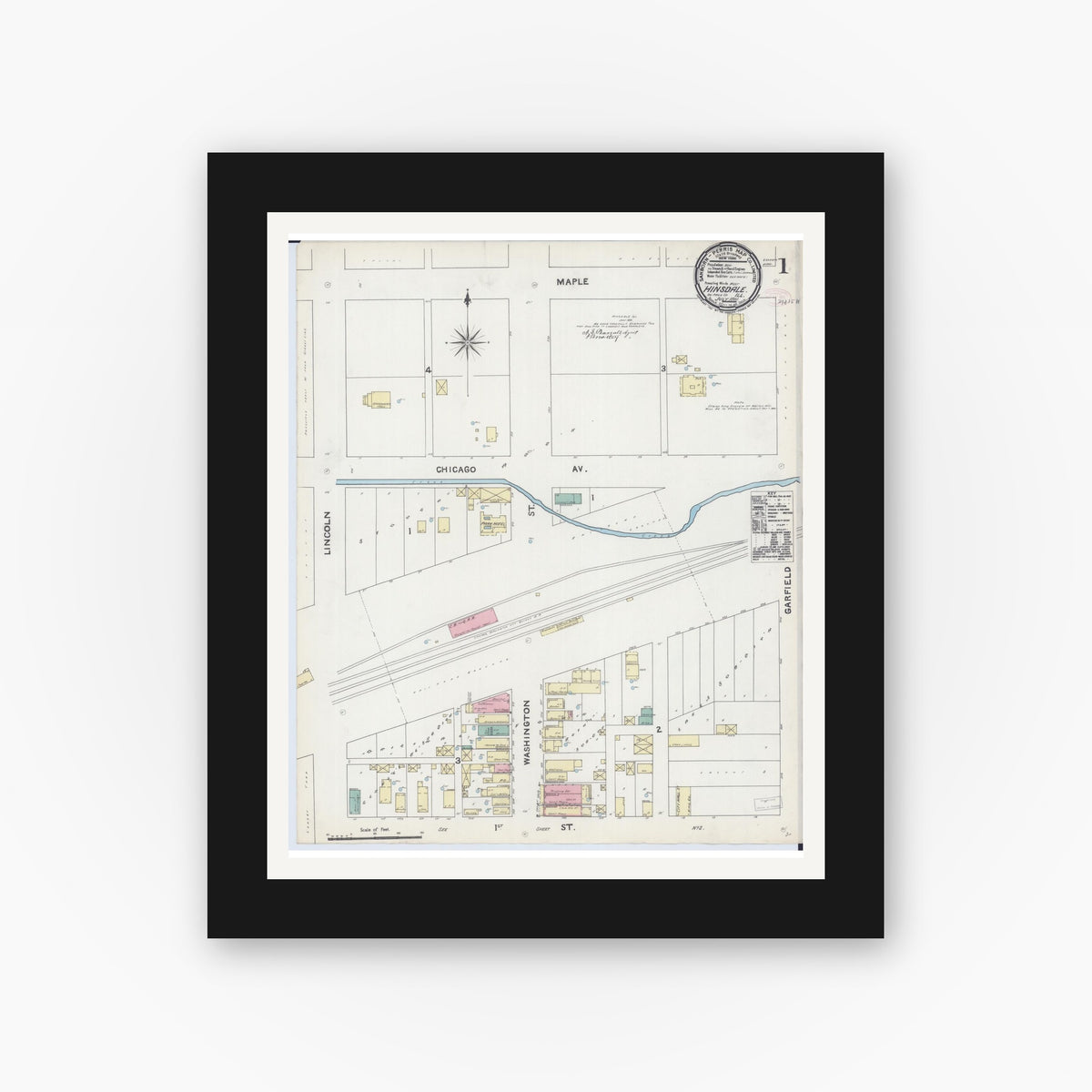 Old map wall art mockup — black gallery frame with white mat — Sanborn Fire Insurance Map from Hinsdale, Du Page And Cook Counties, Illinois (1891) - Complete Map Set