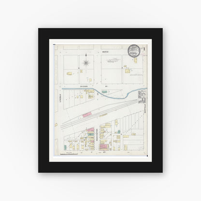 Old map wall art mockup — black gallery frame with white mat — Sanborn Fire Insurance Map from Hinsdale, Du Page And Cook Counties, Illinois (1891) - Complete Map Set