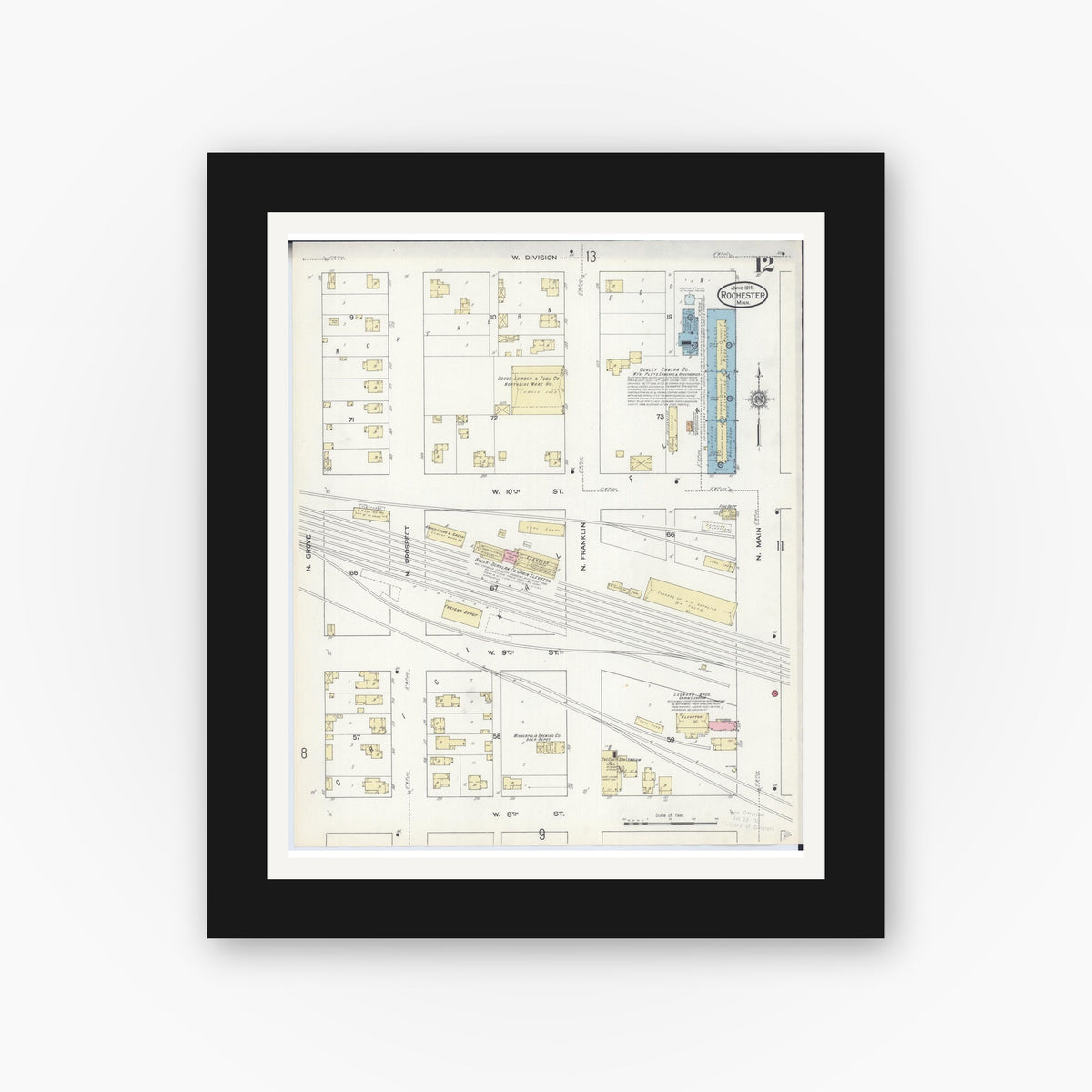 Old map wall art mockup — black gallery frame with white mat — Sanborn Fire Insurance Map from Rochester, Olmsted County, Minnesota (1914), Sheet #0012