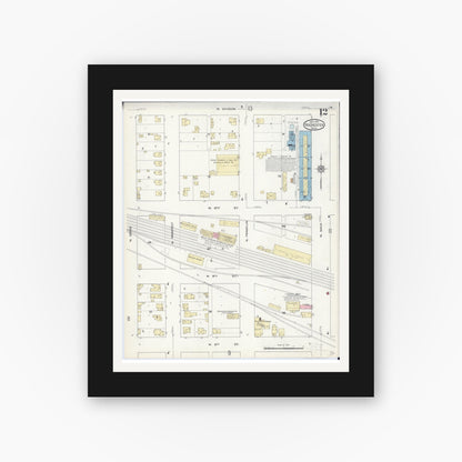 Old map wall art mockup — black gallery frame with white mat — Sanborn Fire Insurance Map from Rochester, Olmsted County, Minnesota (1914), Sheet #0012