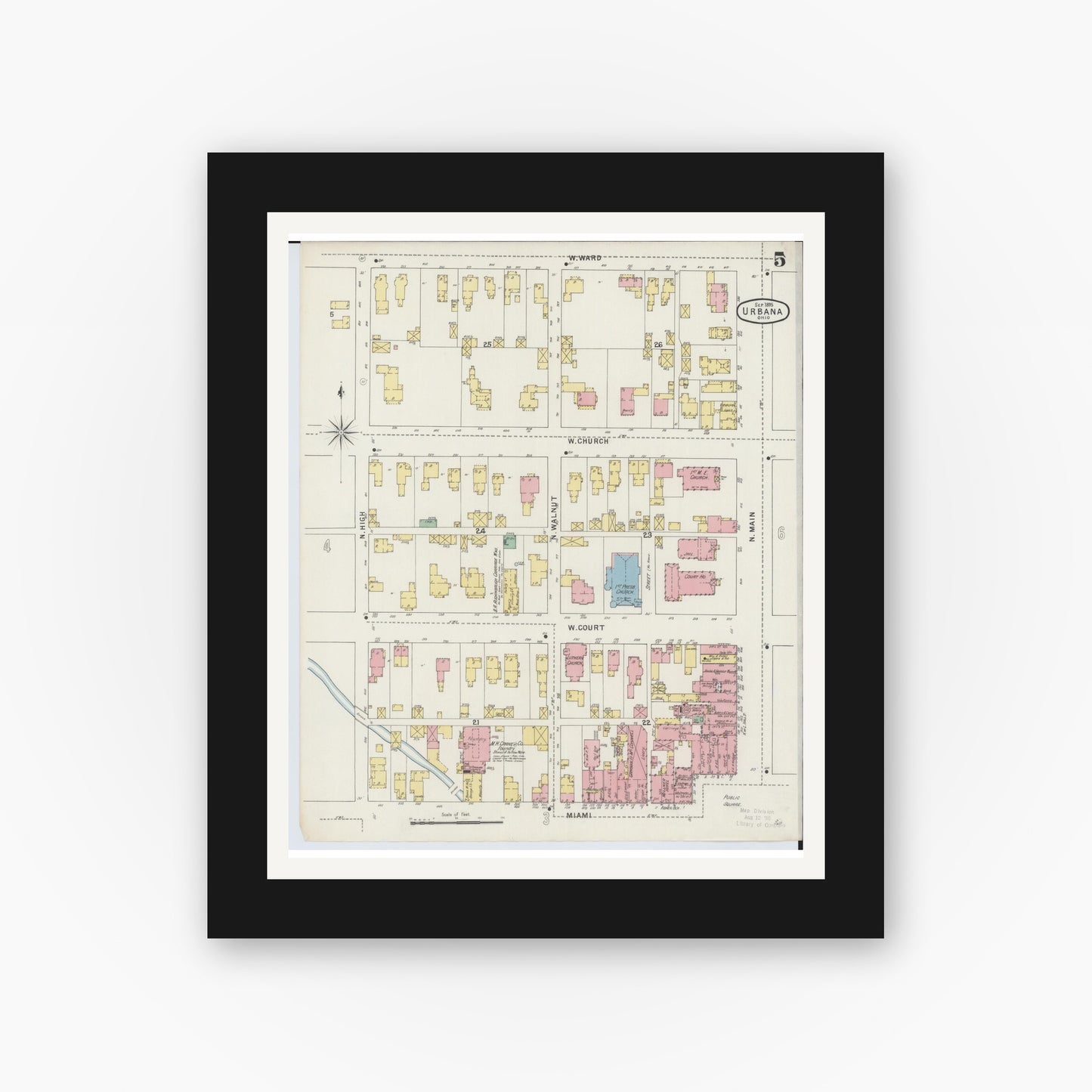 Old map wall art mockup — black gallery frame with white mat — Sanborn Fire Insurance Map from Urbana, Champaign County, Ohio (1895), Sheet #0005